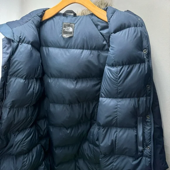 North Face Down Parka Fur Hood Navy Blue Women’s Large Long Coat Goosedown - Picture 2 of 10